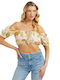 Γυναικείο Καλοκαιρινό Crop Top Off-Shoulder Λινό Κοντομάνικο Floral Μπεζ