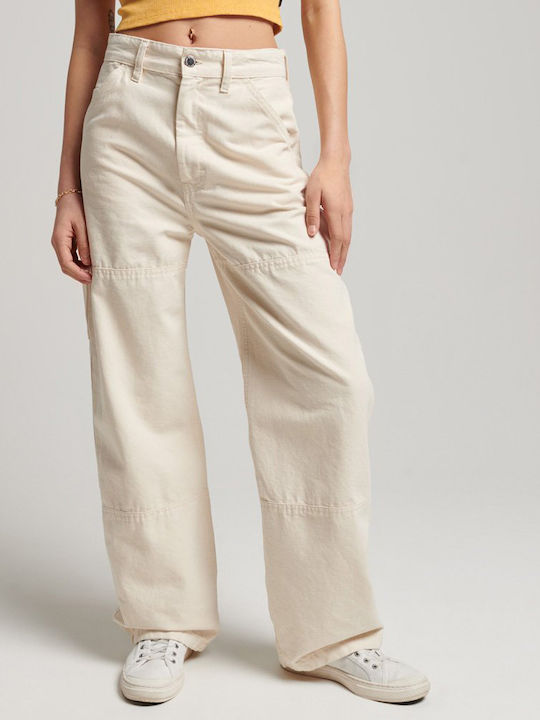Vintage Wide Carpenter Women's Fabric Trousers Wide Line Beige