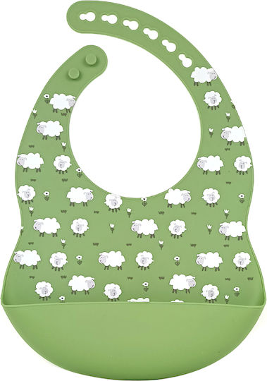 Baby Cloud Sheeps Waterproof Bib Silicone with Button & Pocket Green