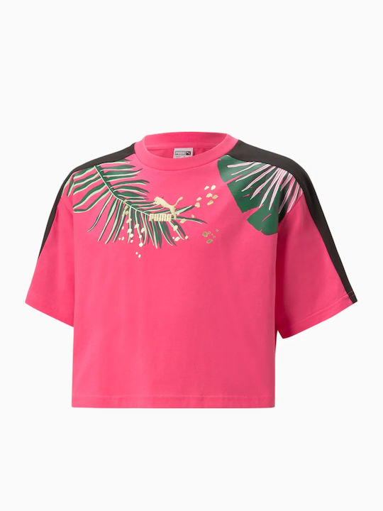 Kinder-Crop-Top Kurzarm Fuchsie Graphic