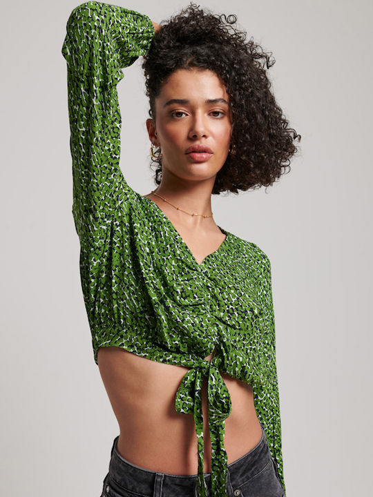 Superdry Women's Summer Crop Top Long Sleeve Green
