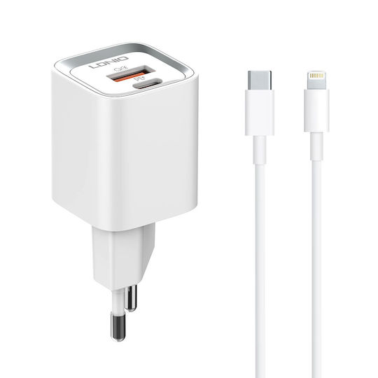 Ldnio Φορτιστής με Θύρα USB-A και Θύρα USB-C και Καλώδιο USB-C - Lightning 20W Power Delivery Λευκός (A2318C)