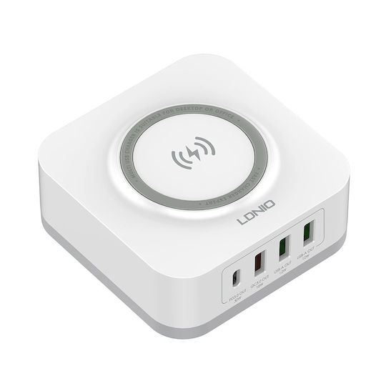 Ldnio Wireless Charger Qi Pad with USB-A Port and 3 USB-C Output Ports 32W Power Delivery White