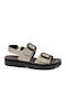 Leather Women's Flat Sandals with Strap in Gold Color