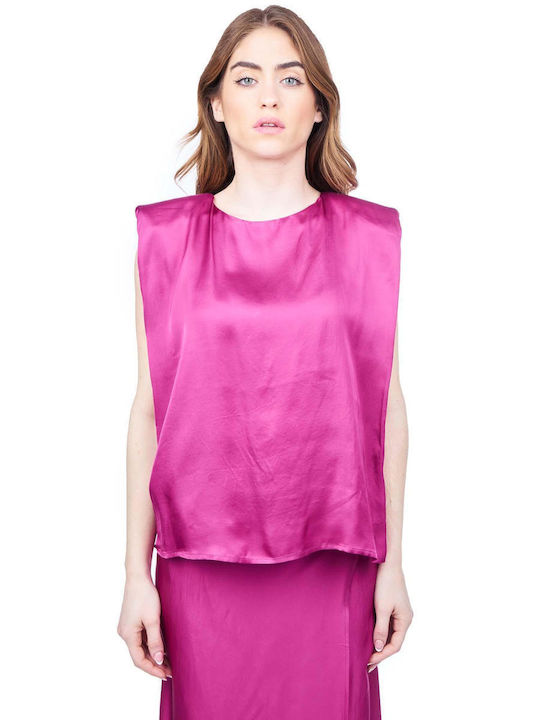 Collectiva Noir Women's Summer Blouse Satin Sleeveless Fuchsia