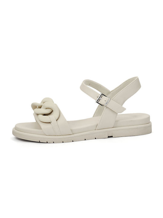 Marco Tozzi Leather Women's Sandals with Ankle Strap Cream