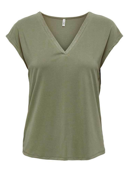 Only Women's T-shirt with V Neck Khaki