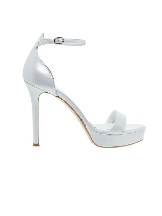 Mourtzi Leather Women's Sandals with Thin High Heel In White Colour