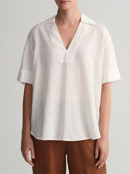 Gant Women's Summer Blouse Cotton Short Sleeve with V Neck White