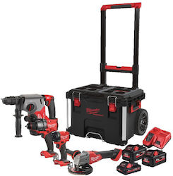 Milwaukee M18 FPP4E-555T Set Roată unghiulară & Mașină de găurit & Șurubelniță cu impact & Excavator 18V cu 3 baterii 3Ah - 5.5Ah și husă