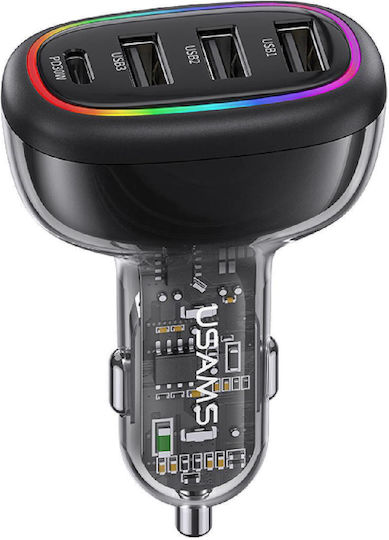 Usams Auto-Ladegerät 48W mit Anschlüssen: 3xUSB 1xType-C Schwarz Farbe