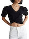 Women's Summer Crop Top Cotton Short Sleeve with V Neckline Black