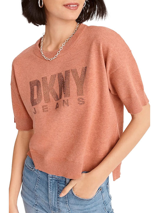 DKNY Animal Glitter Logo Bluza de Damă din Bumbac Mâneci scurte Roșie