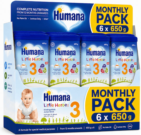 Humana Pulvermilch Optimum 3 Little Heroes 6τμχ für 12m++ Monate 650gr