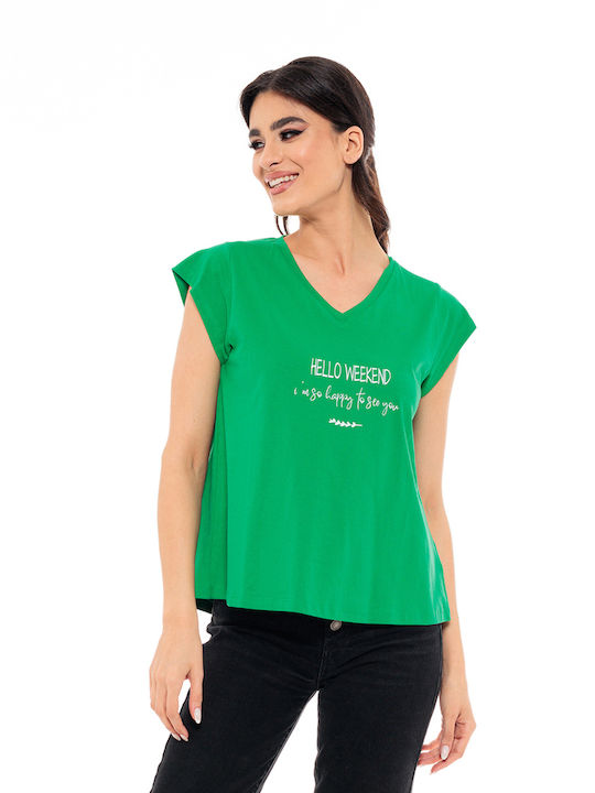 Splendid Γυναικείο T-shirt Πράσινο με Λαιμόκοψη V και Στάμπα