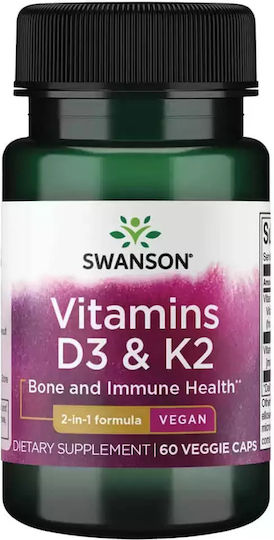 Swanson Vitamins D3 & K2 Βιταμίνη για Ενίσχυση του Ανοσοποιητικού & την Υγεία των Οστών 60 φυτικές κάψουλες