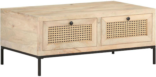 Rectangular Central Coffee Table Made of Solid Wood with Beige Drawers W90xD50xH37cm