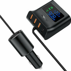 Acefast B8 Car Charger with Ports 3xUSB-A 1xType-C 1xLighter and Cable Embedded