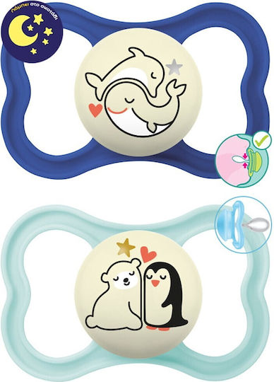 Mam Supreme Night Orthodontic Pacifiers Silicone Night with Case Dolphin /. Bear - Blue/Green for 16+ months 2pcs