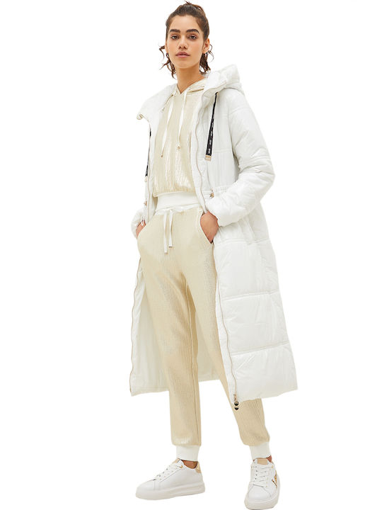 Liu Jo Women's Long Puffer Jacket for Winter with Hood Light Ivory