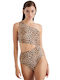 Blu4u Rodeo Leo One-Piece Swimsuit with Cutouts & One Shoulder Animal Print Beige