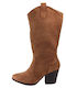 Suede cowboy boots with stitching Camel