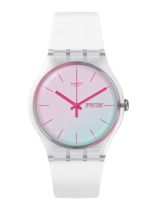 Swatch Polawhite Γυναικείο Ρολόι 41mm Μπαταρίας με Ροζ Καουτσούκ Λουράκι