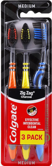 Colgate Zig Zag Charcoal Οδοντόβουρτσα Medium Μπλε/Πορτοκαλί/Κίτρινο 3τμχ