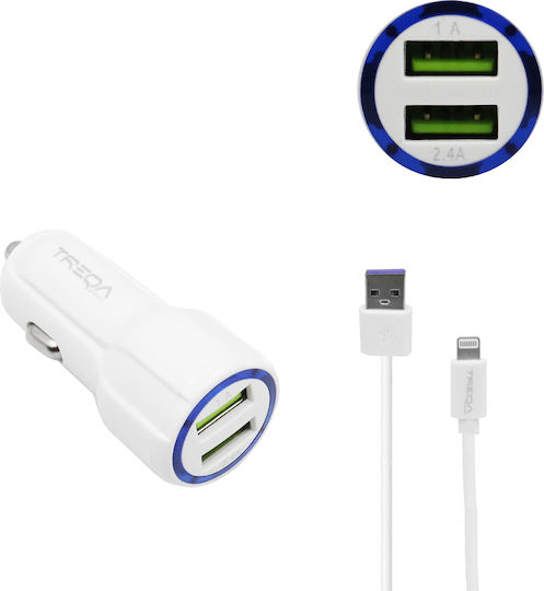 Treqa Car Charger 20W 3.1A Fast Charging with Ports: 2xUSB with Cable Lightning White Color