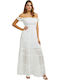 Zena Summer Maxi Dress for Wedding Christening Off-Shoulder with Lace White
