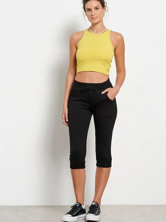 Damen Jogginghosen Capri Hohe Taille Schwarz