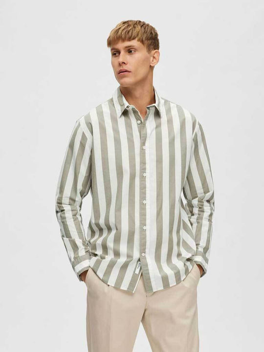 Long Sleeve Cotton Shirt in Regular Fit Striped Green