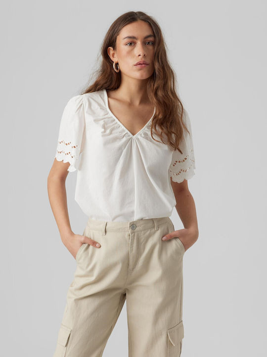 Vero Moda Damen Sommer Bluse Baumwolle Kurzärmelig mit V-Ausschnitt Weiß
