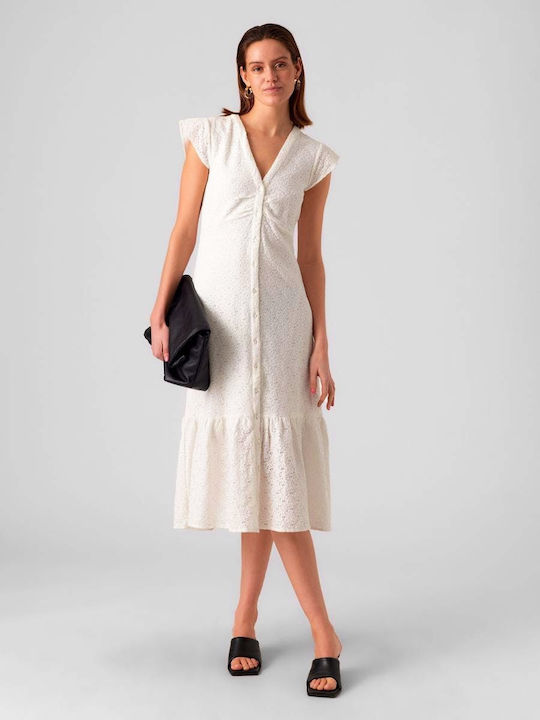 Summer Midi Shirt Dress Dress with Ruffle White