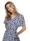 Women's Summer Crop Top Cotton Short Sleeve with V Neckline Floral Blue