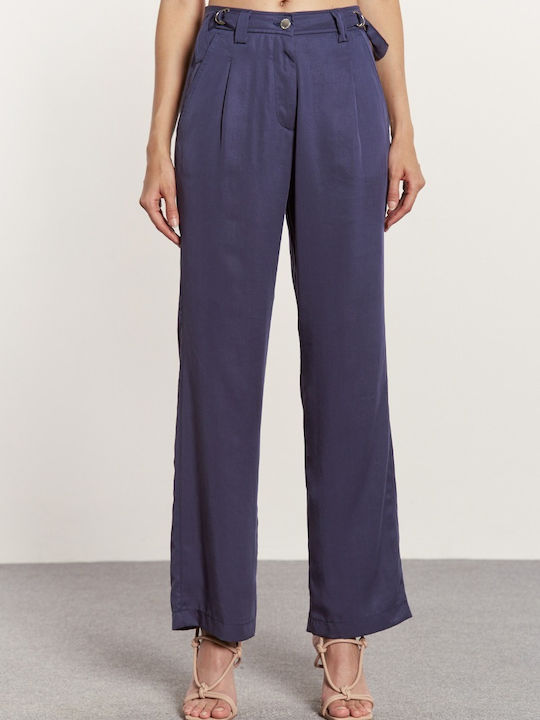 Edward Jeans Majesta-br WP-N-PNT-S23-004 Women's High-waisted Fabric Trousers in Wide Line Blue WP-N-PNT-S23-004-BLUE