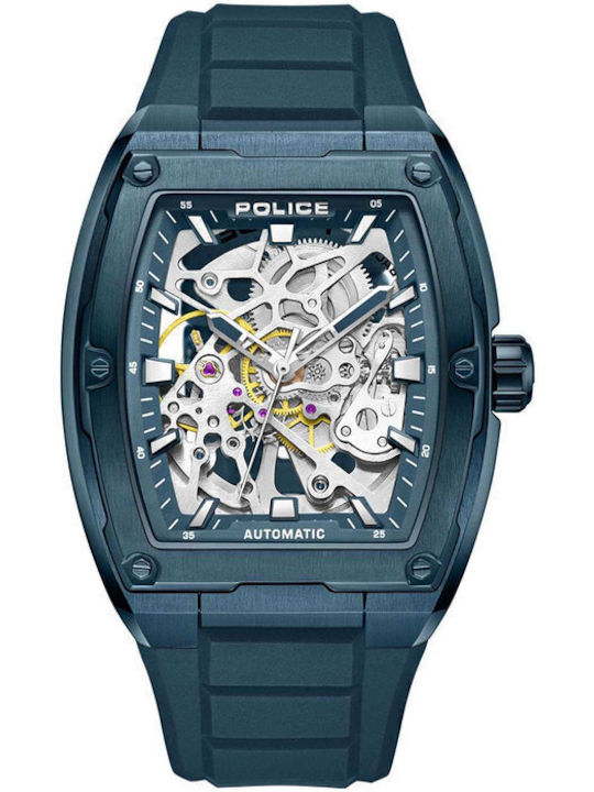Police Skeletor Herrenuhr 50mm Automatisch mit Blau Kautschukarmband