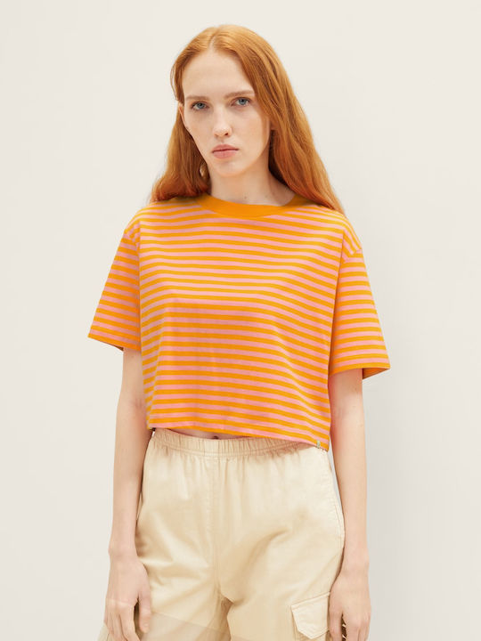 Tom Tailor Women's Summer Crop Top Short Sleeve Striped Orange