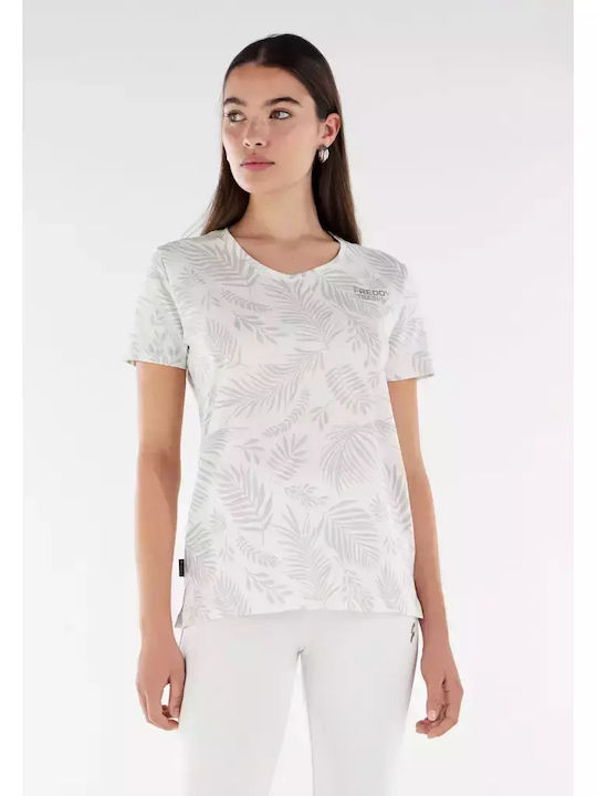 Freddy Damen T-shirt mit V-Ausschnitt Blumen Weiß