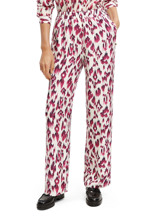 Scotch & Soda Women's Fabric Trousers with Elastic in Wide Line Leopard Fuchsia
