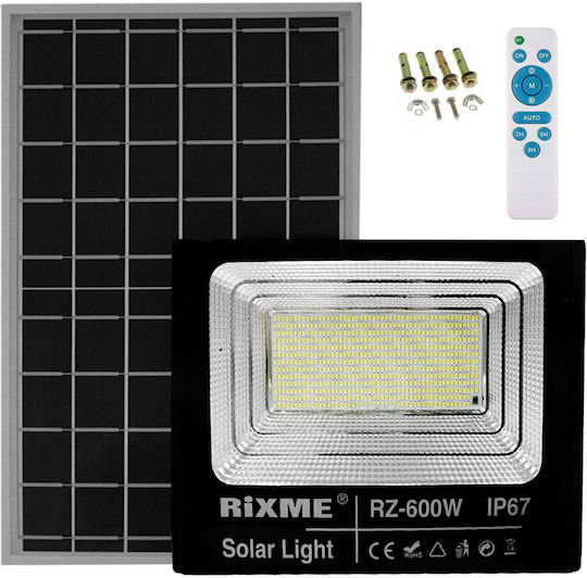 Rixme Στεγανός Ηλιακός Προβολέας LED 600W Ψυχρό Λευκό 6000K με Τηλεχειριστήριο IP66
