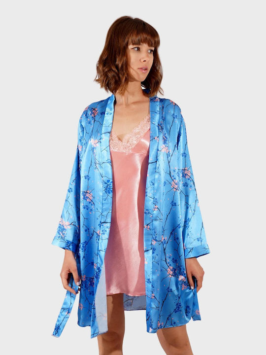 Women's set satin robe nightgown all print monochrome nightgown lace details. Saten Collection INDIGO