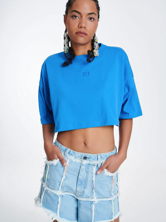 PCP Zaffiro Damen Sportliches Crop Top Kurzarm Blau