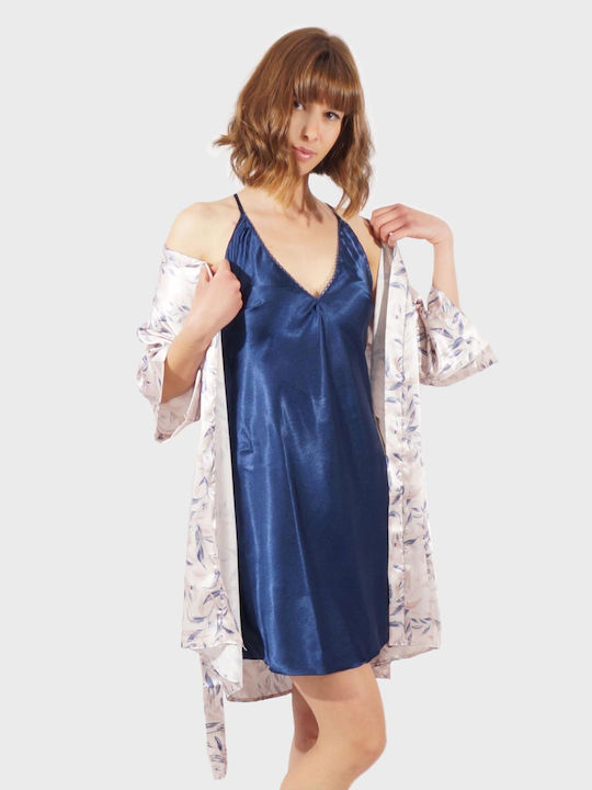 Women's set saten robe nightgown all print leaves BEZ