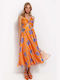 Desiree Καλοκαιρινό Midi Φόρεμα Σατέν με Σκίσιμο Πορτοκαλί