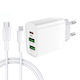 Treqa Ladegerät mit 2 USB-A Anschlüsse und USB-C Anschluss und Kabel Micro-USB 38W Stromlieferung Weißs (CH-640-M)