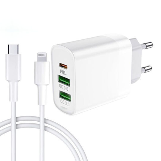 Treqa Ladegerät mit 2 USB-A Anschlüsse und USB-C Anschluss und Kabel Micro-USB 38W Stromlieferung Weißs (CH-640-M)