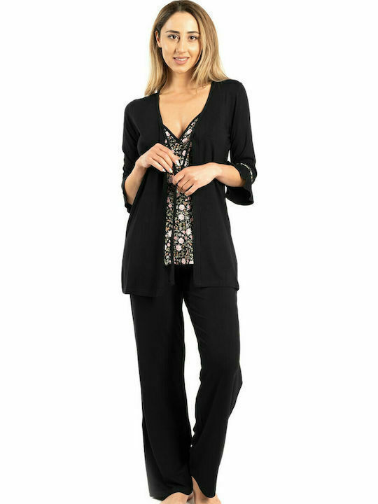 Pajama black SECRET POINT - Soft Viscose - Set of 3 pieces