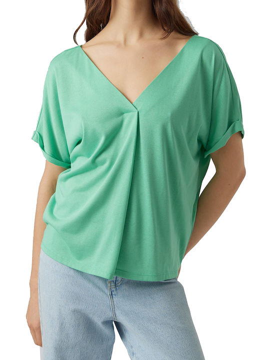Vero Moda Women's Summer Blouse Short Sleeve with V Neck Green