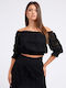 W3GH95WFDC0 Damen Sommer Bluse Baumwolle Schulterfrei mit 3/4 Ärmel Schwarz